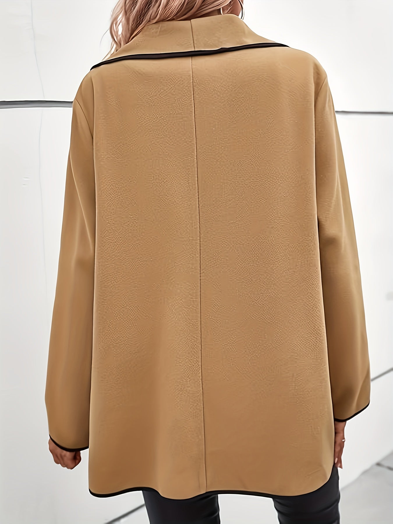 Contrast Trim Open Front Coat, Casual Long Sleeve Coat For Fall & Winter, Women's Clothing