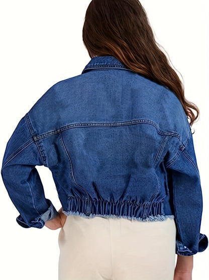 vlovelaw  Ripped Holes Long Sleeves Denim Jacket, Flap Pocket Raw Hem Washed Lapel Denim Coat, Women's Denim Clothing