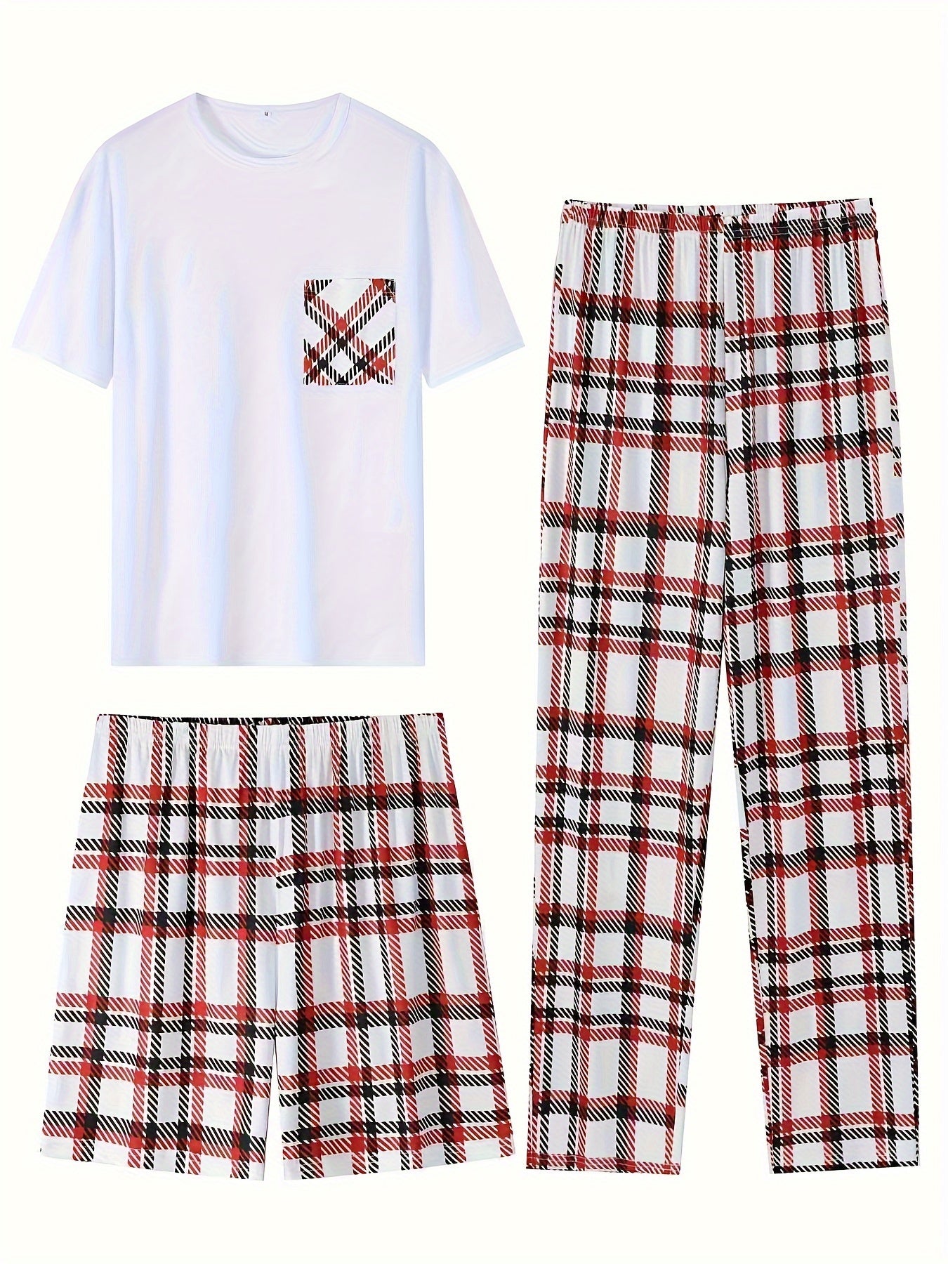 3-Piece Men's Comfort Loungewear Set - Trendy Short Sleeve Crew Neck T-Shirt, Plaid Stretchy Shorts & Pants - Relaxed Elastic Waistband - Casual Home Wear