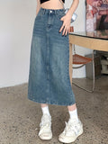 vlovelaw Split Back High Waist Denim Midi Skirt, Fashion Non-stretch A-line Elegant Denim Skirt, Women's Denim Clothing