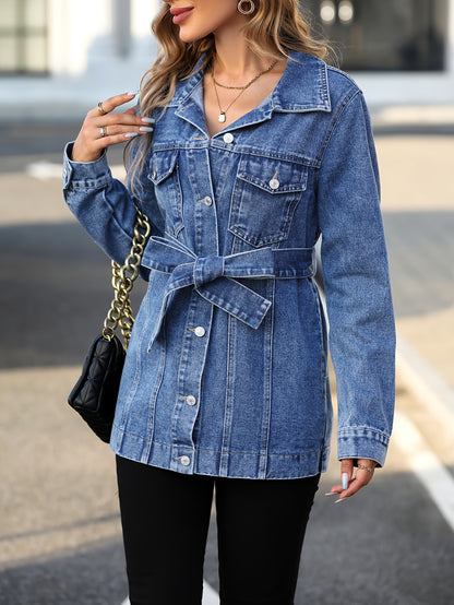 Blue Flap Pockets Denim Coat, Long Sleeves Lapel With Waistband Denim Jacket, Women's Denim Clothing