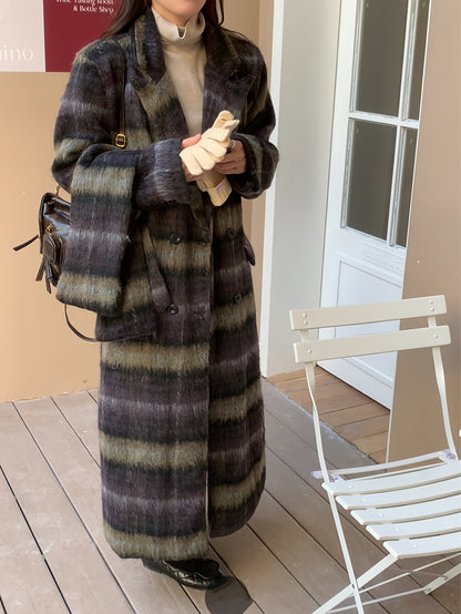 vlovelaw  Plaid Print Double-breasted Coat, Casual Thermal Long Sleeve Lapel Overcoat For Winter, Women's Clothing