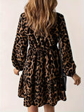 Leopard Print Ruffle Hem Dress, Vintage V Neck Long Sleeve Dress, Women's Clothing