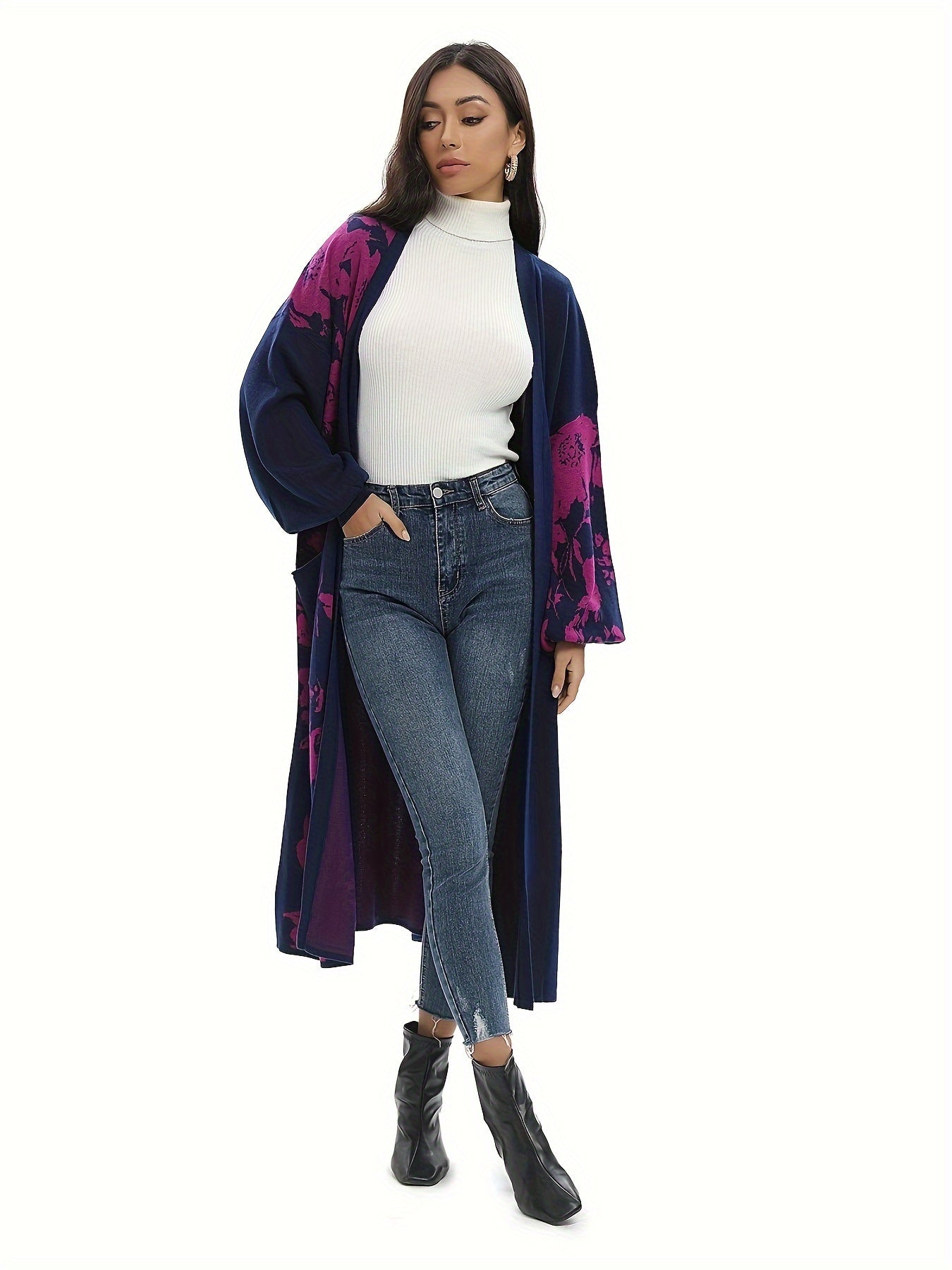 Floral Print Long Length Overcoat, Casual Open Front Long Sleeve Outerwear, Women's Clothing