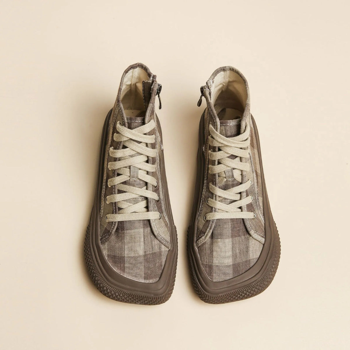 Autumn/Winter Square Head High Top Wear resistant Flat Heel Canvas Coffee Plaid Casual Shoes Free of Mail