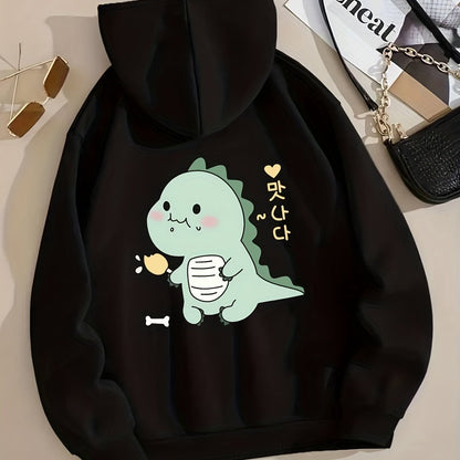 Cartoon Dinosaur Graphic Long Sleeve Fleece Hooded Sweatshirts,  Print Drawstring Sports Hoodie With Front Pocket, Women's Sporty Sweatshirts