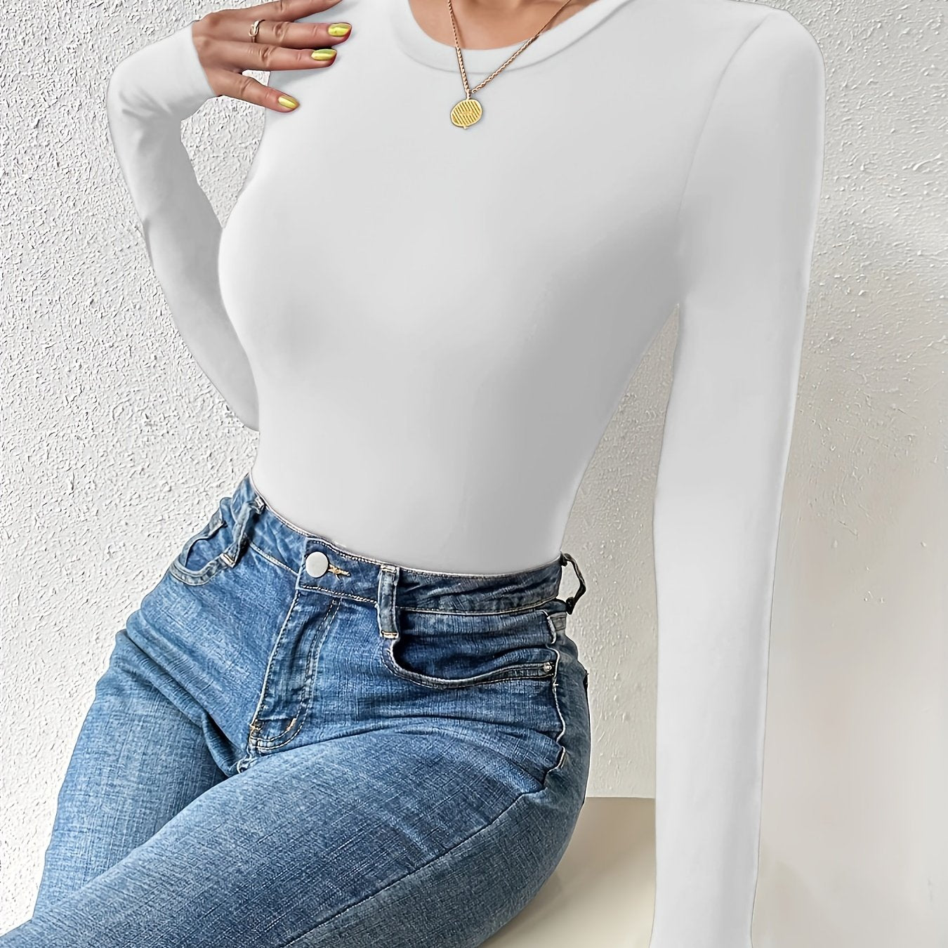 vlovelaw  Basic Skinny Stretchy Top, Long Sleeve Crew Neck Solid T-Shirts, Casual Every Day Tops, Women's Clothing