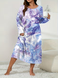 vlovelaw Plus Size Elegant Loungewear Dress, Women's Plus Tie Dye Fluid Print Long Sleeve Round Neck Sleep Dress