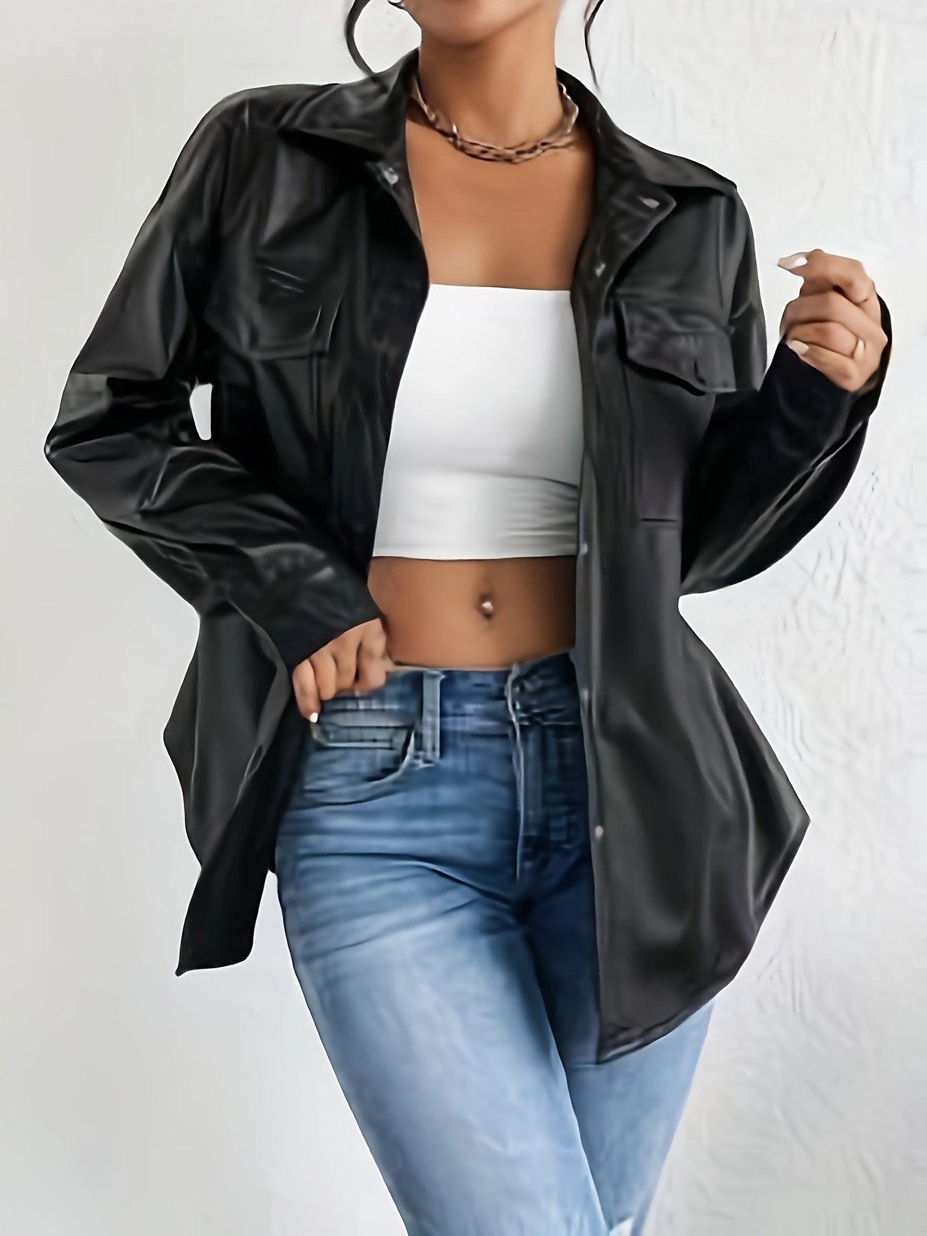 vlovelaw  Solid Color Button Front Leather Jacket, Casual Lapel Neck Long Sleeve Flap Pockets Jacket For Every Day, Women's Clothing