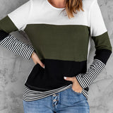 vlovelaw Striped Waffle Round Neck Tops, Casual Long Sleeve Fashion Loose Fits Tunics Tops, Women's Clothing