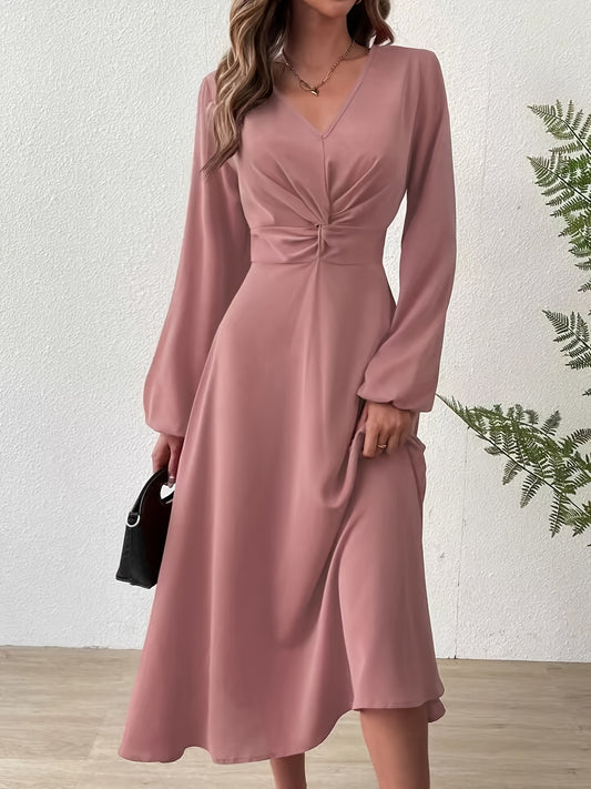 vlovelaw  Twist Front Lantern Sleeve Dress, Chic V Neck A-line Dress For Spring & Fall, Women's Clothing