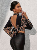 vlovelaw Ethnic Print Cut Out Crop Blouse, Vintage Long Sleeve Tie Back Blouse For Spring & Fall, Women's Clothing