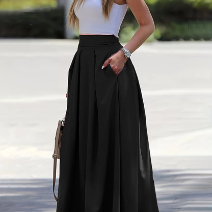 vlovelaw Ruched High Waist Skirts, Elegant Solid Versatile Maxi Skirts, Women's Clothing