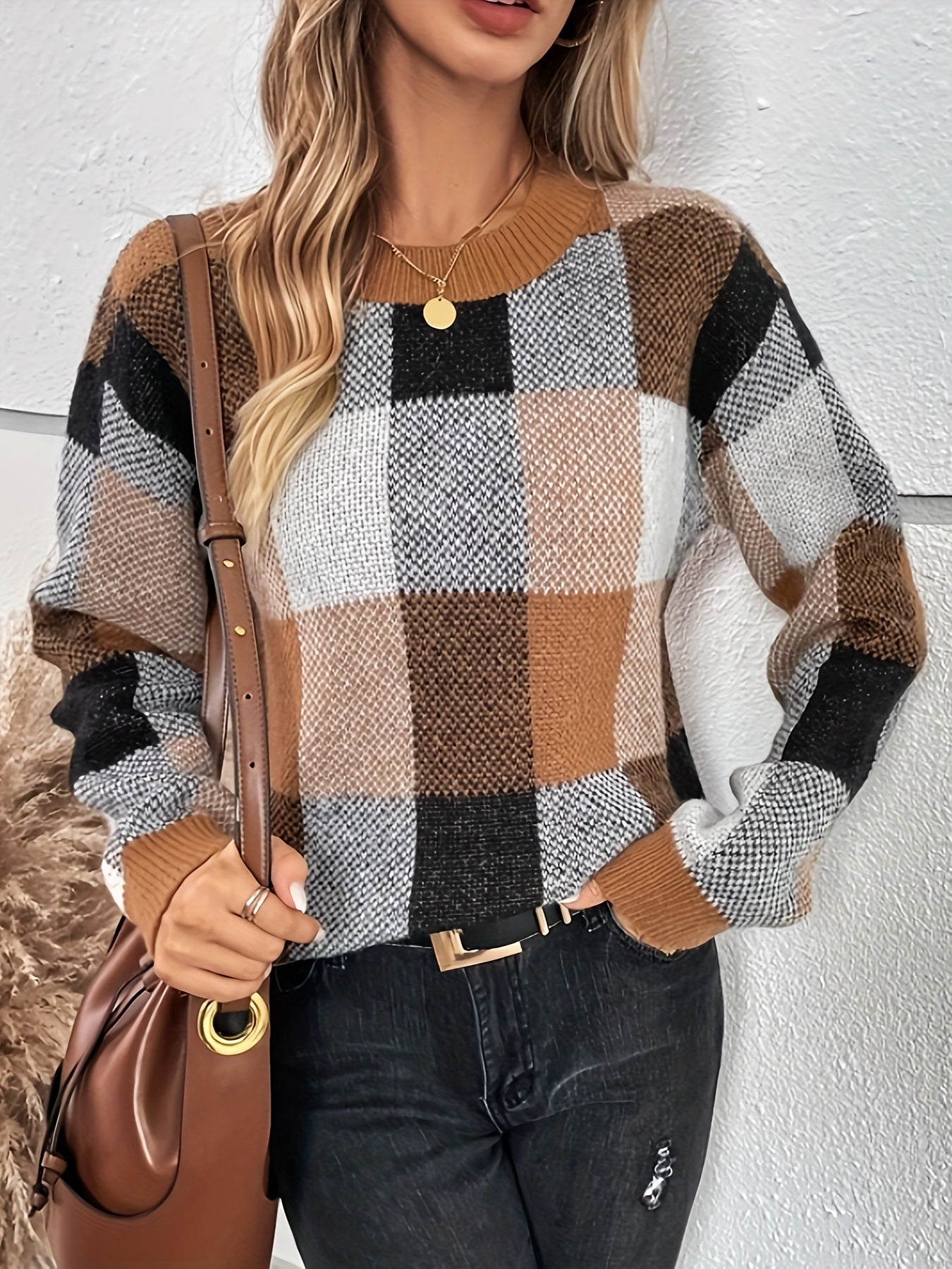 vlovelaw Plaid Crew Neck Pullover Sweater, Elegant Long Sleeve Fall Winter Sweater, Women's Clothing