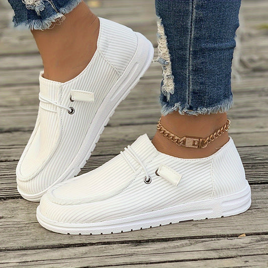 vlovelaw  Trendy Solid Color Stripes Pattern Skate Shoes, Wear Resistance Non Slip Canvas Sneakers, Casual Versatile Low Cut Slip On Loafers Shoes