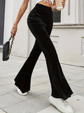 Solid Velvet Flare Leg Pants, Elegant High Waist Slim Pants, Women's Clothing