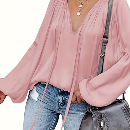 Solid Tie Neck Pleated Blouse, Casual Long Sleeve Blouse For Spring & Fall, Women's Clothing