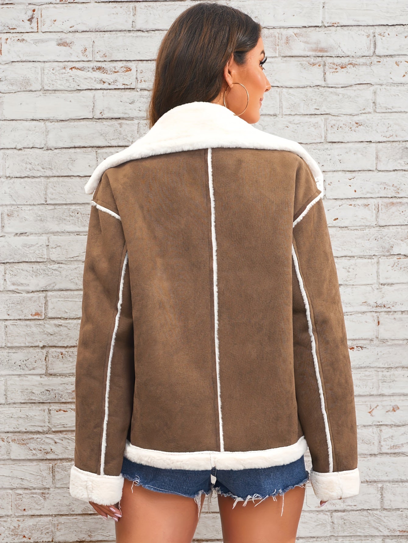 Elegant Faux Fur-Lined Winter Jacket for Women - Solid Color, Lapel Collar with Pockets, Machine Washable