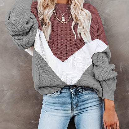 Color Block Crew Neck Pullover Sweater, Casual Long Sleeve Sweater For Fall & Winter, Women's Clothing