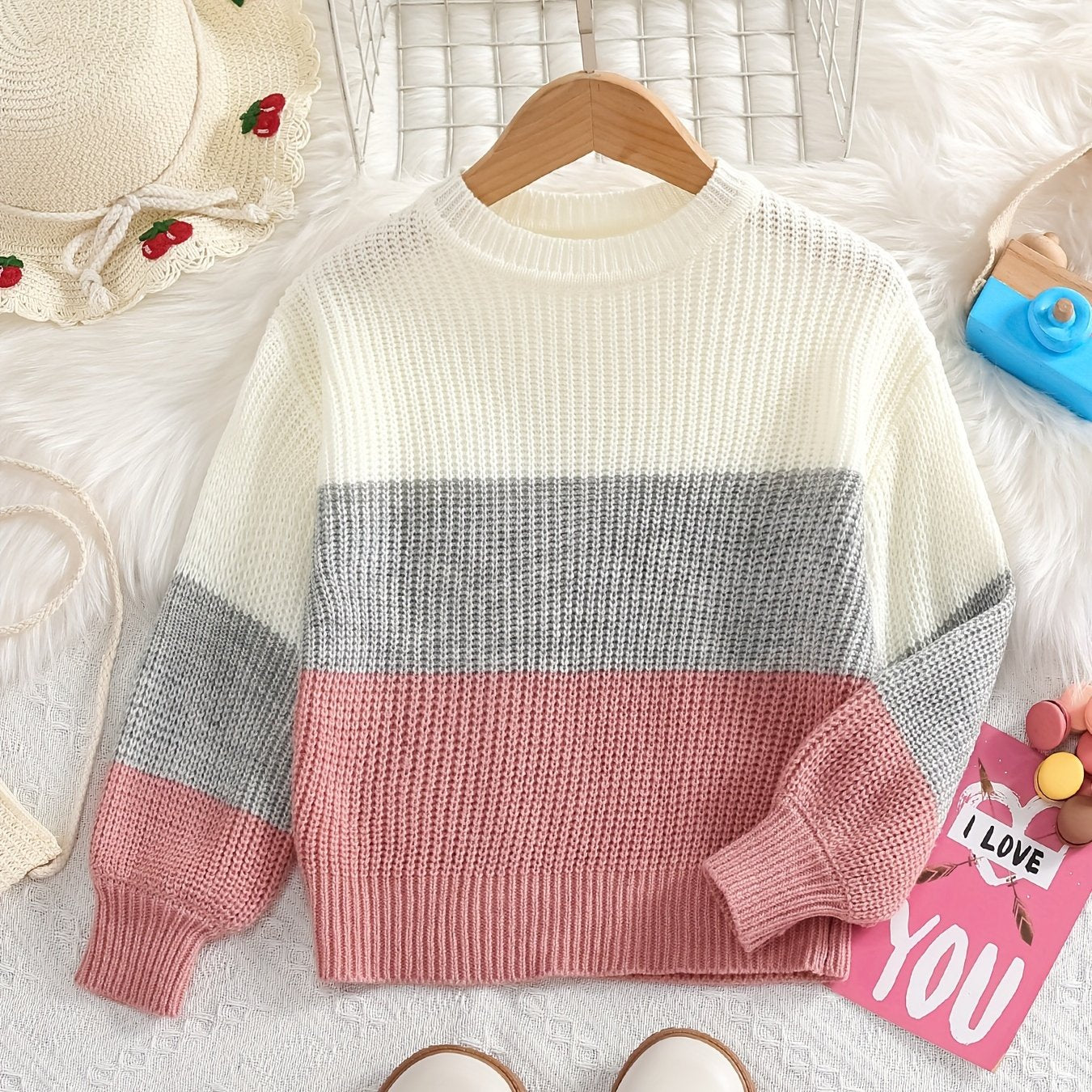 Adorable Girls' Drop Shoulder Knit Sweater Tops - Soft, Cozy, and Stylish Contrast Color Design for Autumn and Winter Seasons - Perfect for Casual Daily Wear