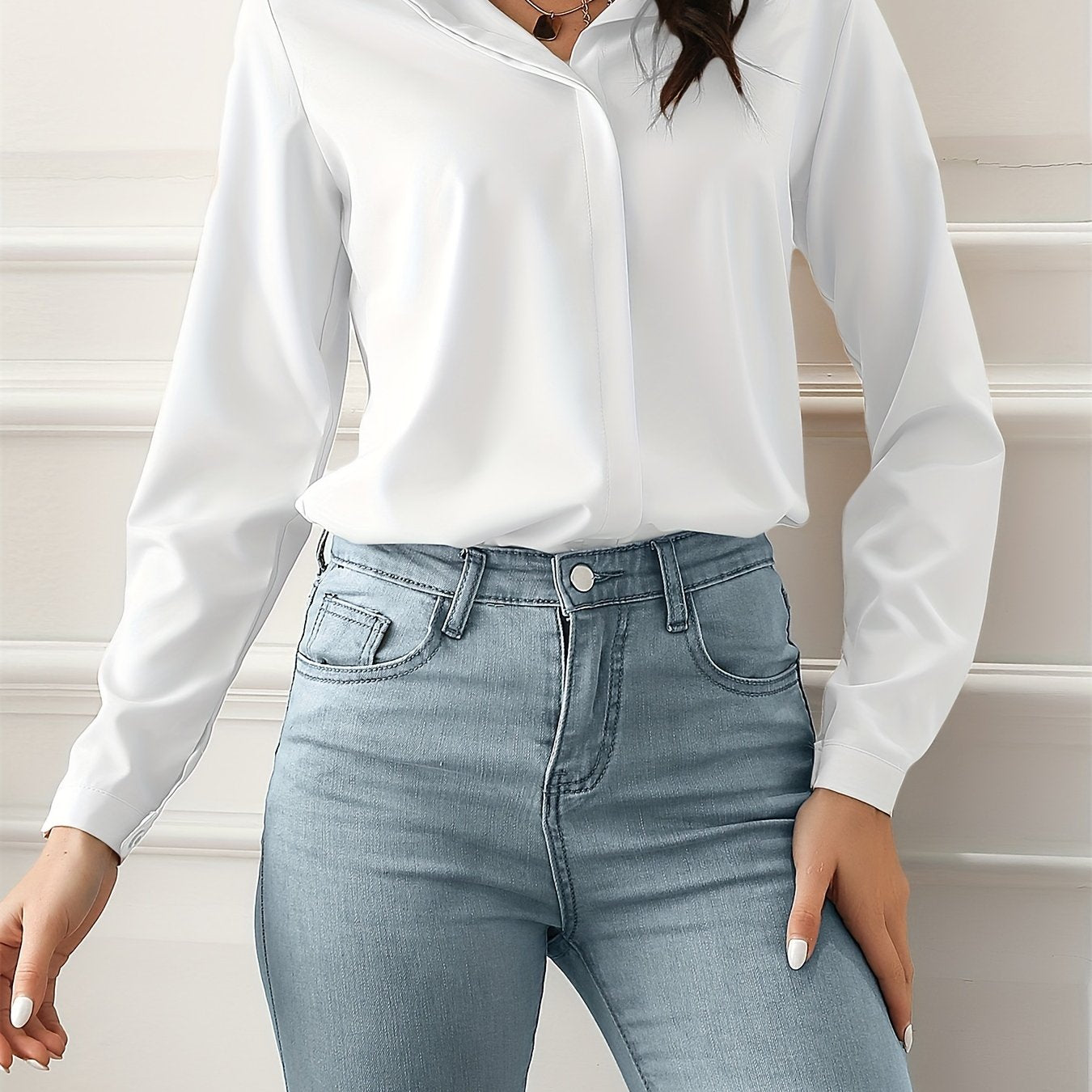 vlovelaw  Solid Simple Shirt, Casual Turn Down Collar Long Sleeve Work Office Shirt, Women's Clothing