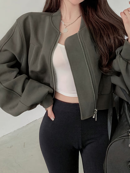 Solid Color Zip-up Crop Jacket, Casual Long Sleeve Pocket Jacket For Fall & Winter, Women's Clothing