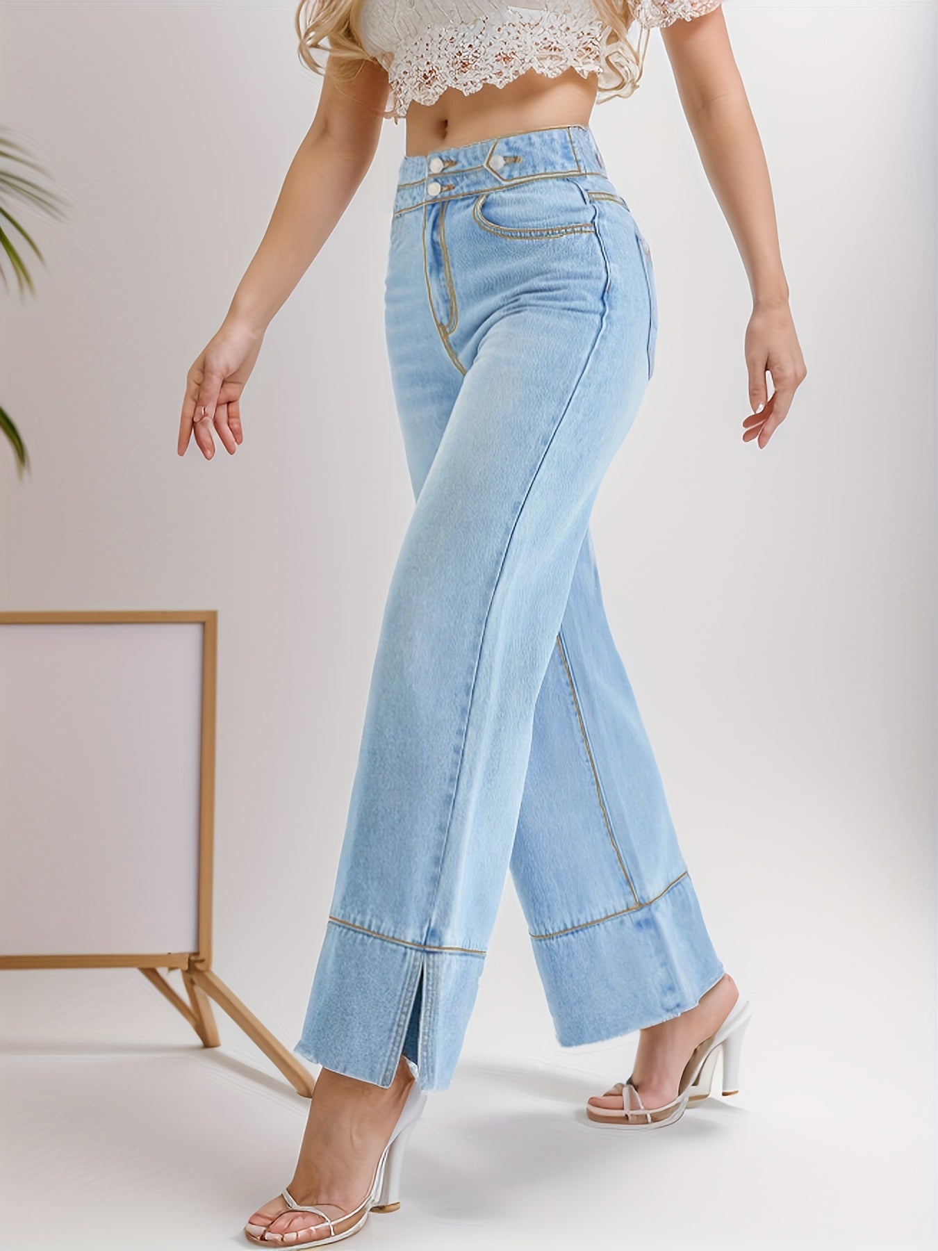 vlovelaw  High Waist Casual Baggy Jeans, Double Button High Stretch Wide Legs Jeans, Women's Denim Jeans & Clothing