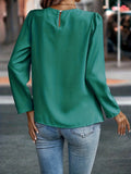 Ruched Solid Blouse, Casual Crew Neck Keyhole Long Sleeve Blouse, Women's Clothing