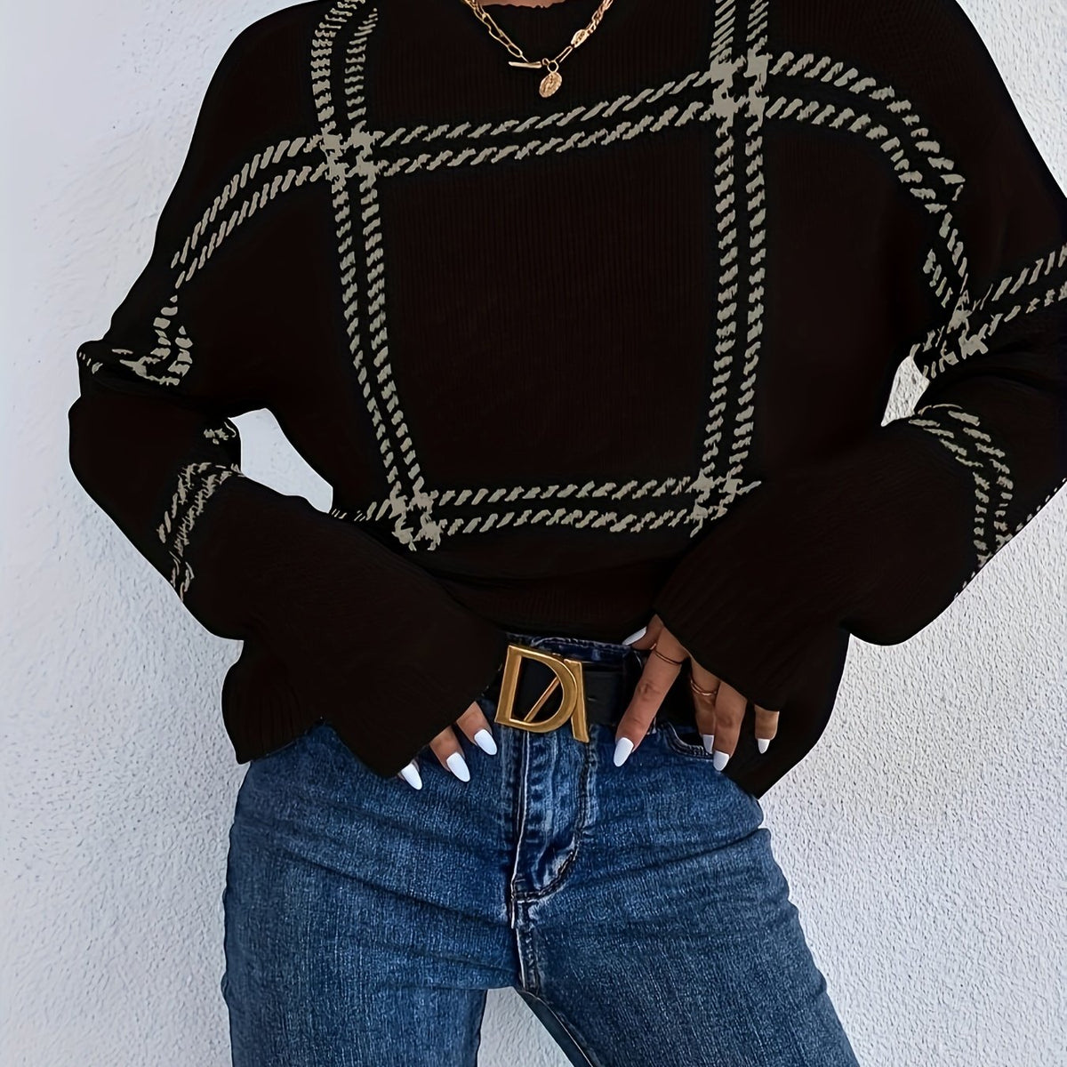 vlovelaw  Plaid Crew Neck Pullover Sweater, Casual Long Sleeve Drop Shoulder Sweater For Fall & Winter, Women's Clothing