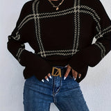 vlovelaw  Plaid Crew Neck Pullover Sweater, Casual Long Sleeve Drop Shoulder Sweater For Fall & Winter, Women's Clothing