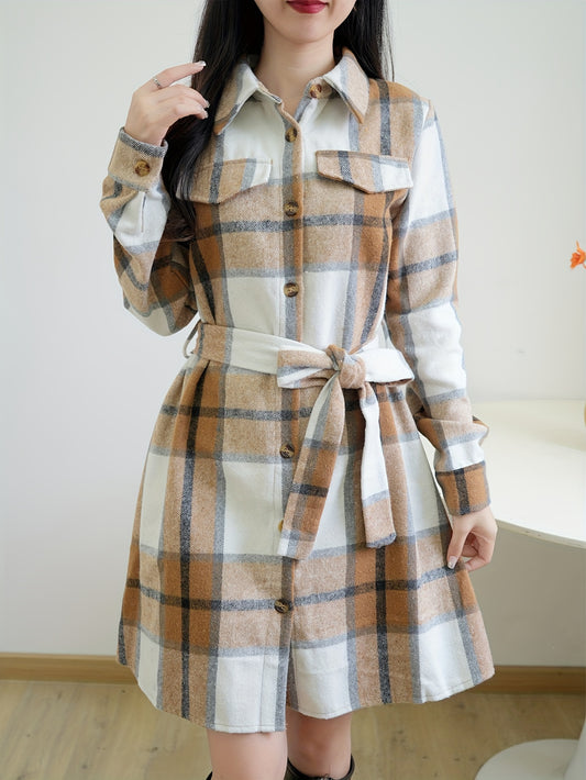 vlovelaw Plaid Print Long Length Shirt, Elegant Button Front Long Sleeve Shirt, Women's Clothing