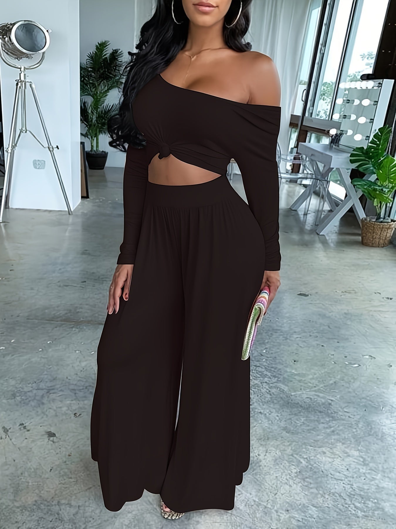 vlovelaw Casual Solid Two-piece Set, Long Sleeve Crop Top & Wide Leg Pants Outfits, Women's Clothing