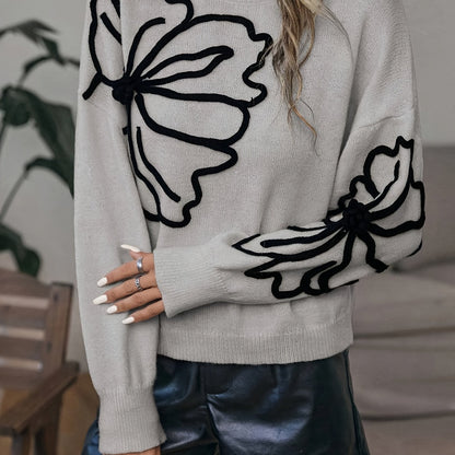 Floral Knitted Pullover Sweater, Casual Long Sleeve Mock Neck Sweater For Fall & Winter, Women's Clothing