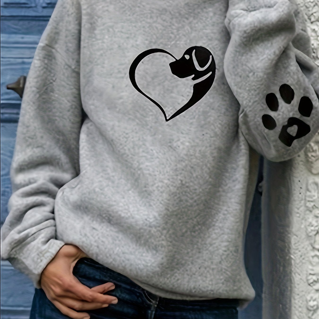 vlovelaw  Dog & Heart & Paw Print Hoodie, Casual Long Sleeve Hoodie Sweatshirt, Women's Clothing