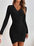 vlovelaw Textured Solid Bodycon Dress, Elegant V Neck Long Sleeve Mini Dress, Women's Clothing