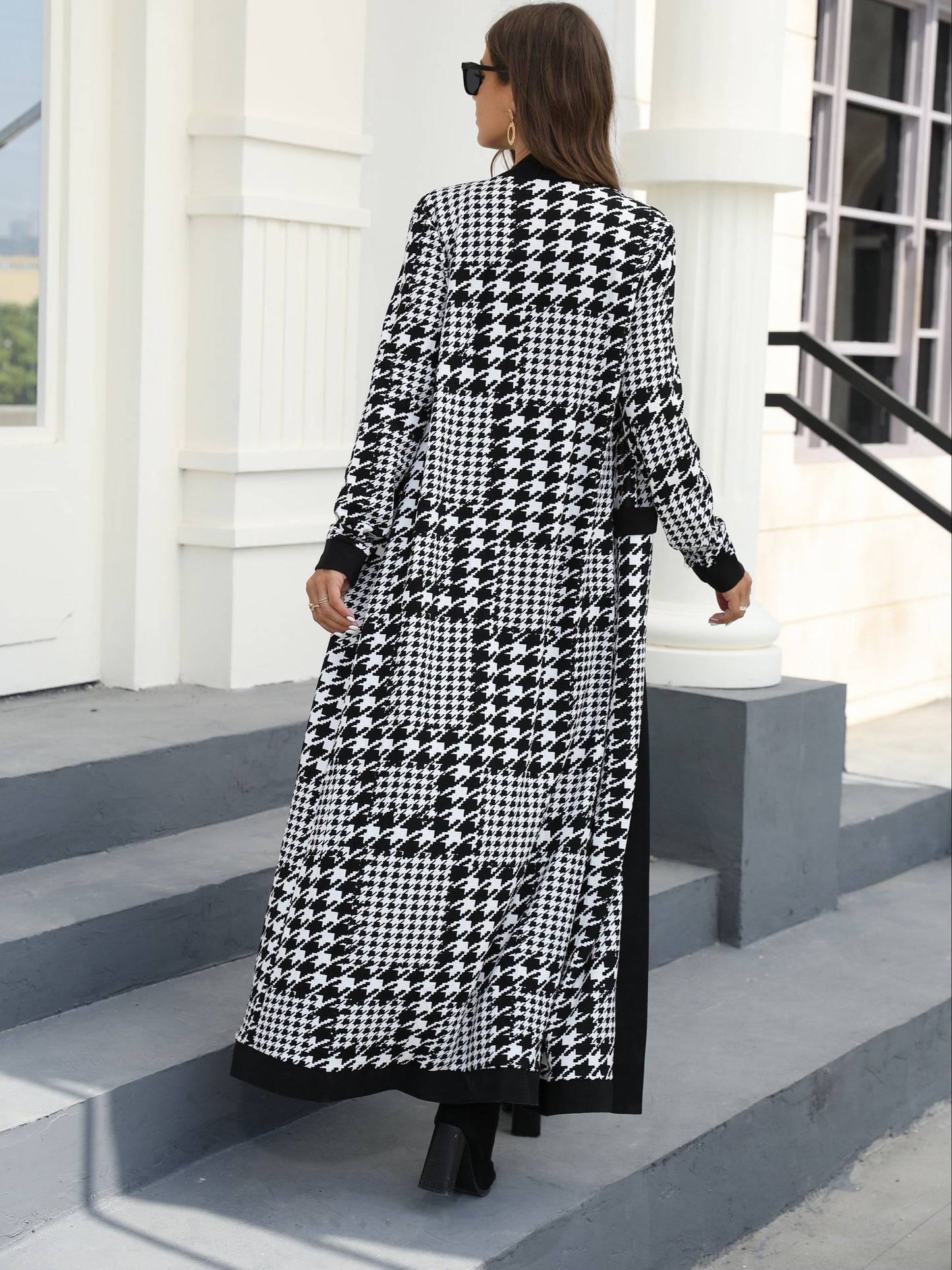 vlovelaw Elegant Houndstooth Two-piece Dress Set, Knitted Coat & Spaghetti Strap Dress Outfits, Women's Clothing