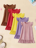 5pcs Girls Charming Ruffle Sleeve Dress Set - Versatile Plain Colors for Everyday Casual Wear, Ideal Summer Style & Gift