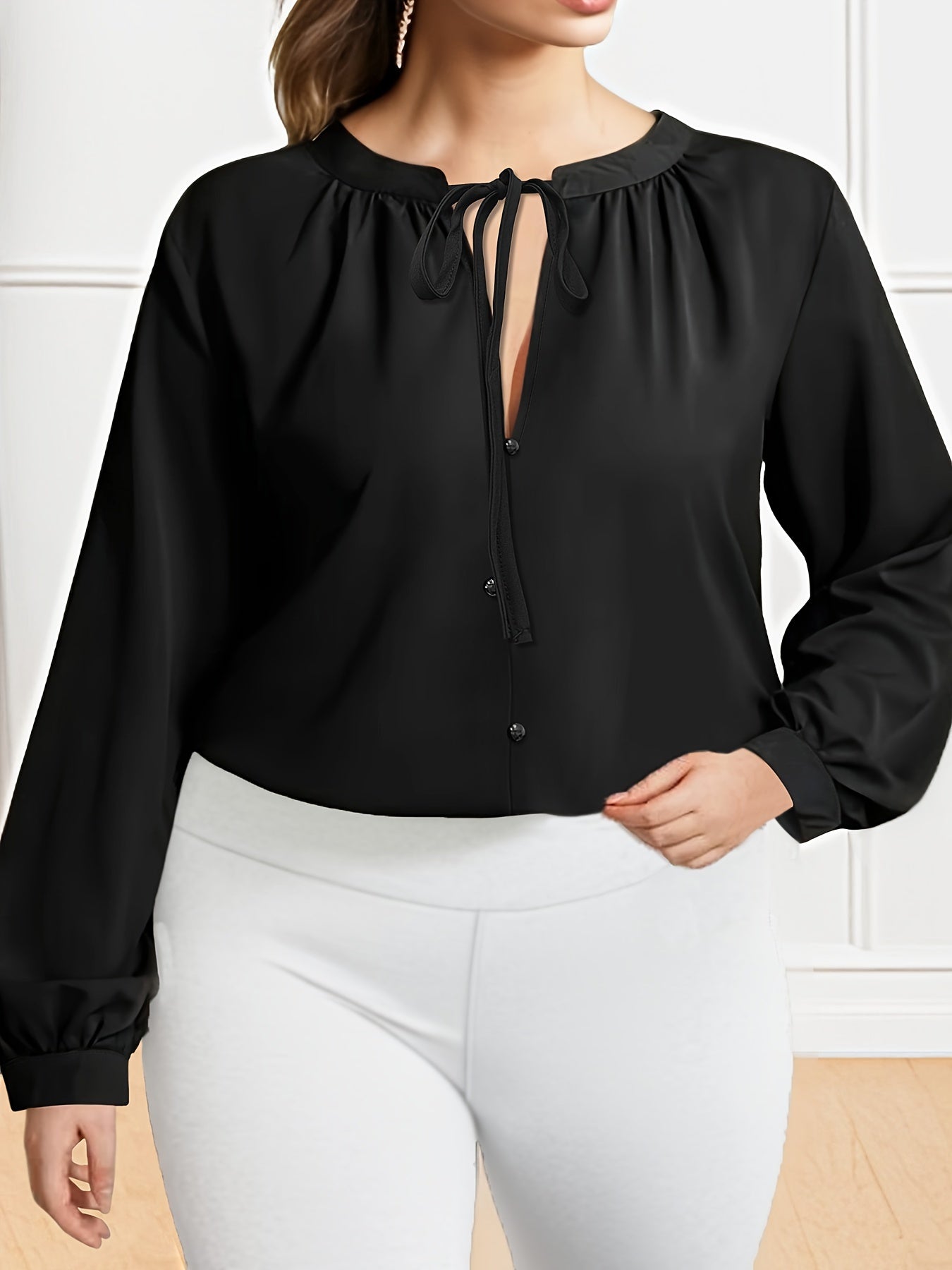 Solid Button Front Tie Front Blouse, Versatile Lantern Sleeve Blouse For Spring & Fall, Women's Clothing