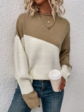 vlovelaw Color Block Loose Pullover Sweater, Elegant Long Sleeve Drop Shoulder Sweater, Women's Clothing