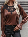 vlovelaw  Contrast Lace Crew Neck T-Shirt, Elegant Cut Out Long Sleeve Knitted T-Shirt For Spring & Fall, Women's Clothing