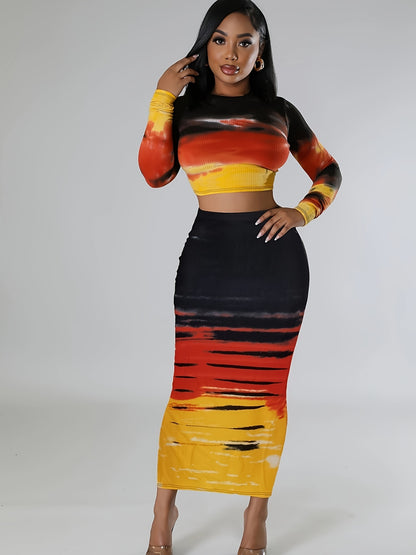 vlovelaw  Tie Dye Slim Two-piece Set, Long Sleeve Crop Top & Skirt Outfits, Women's Clothing