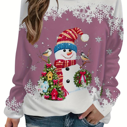 vlovelaw  Christmas Snowman Printed Warm Sports Sweatshirts, Long-sleeved Round Neck Casual Sports Pullover Tops For Winter And Autumn, Women's Sporty Sweatshirts