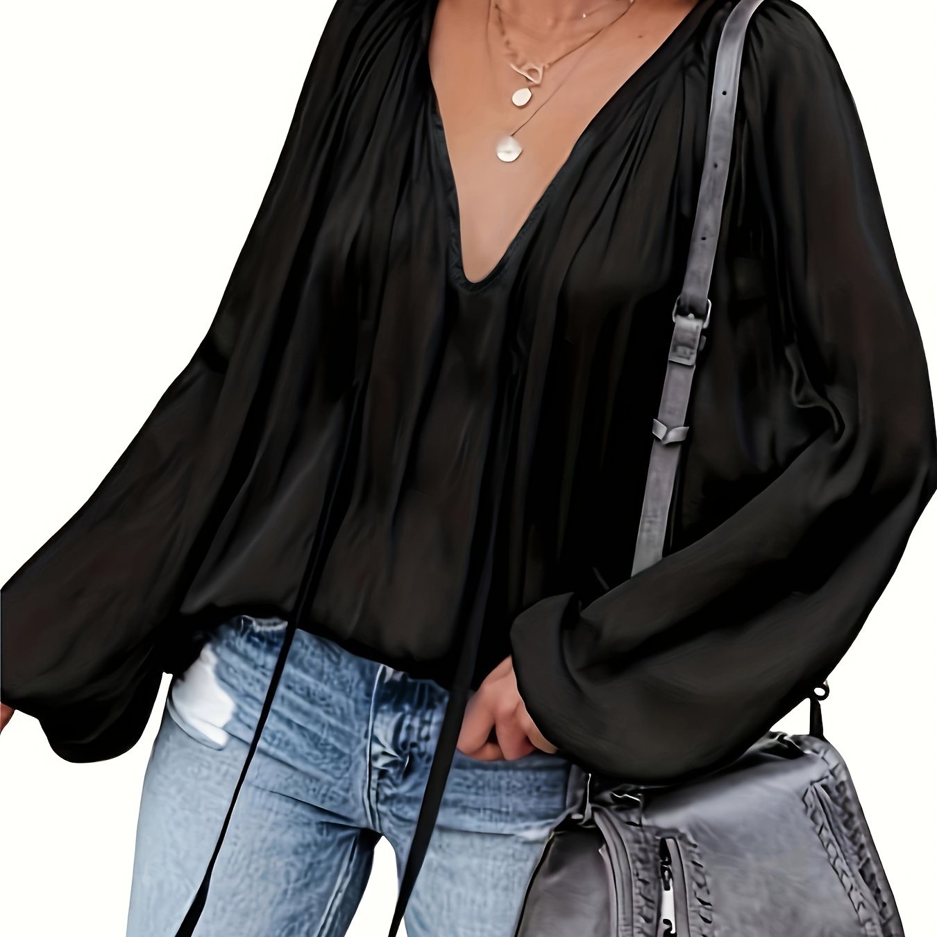 Solid Tie Neck Pleated Blouse, Casual Long Sleeve Blouse For Spring & Fall, Women's Clothing