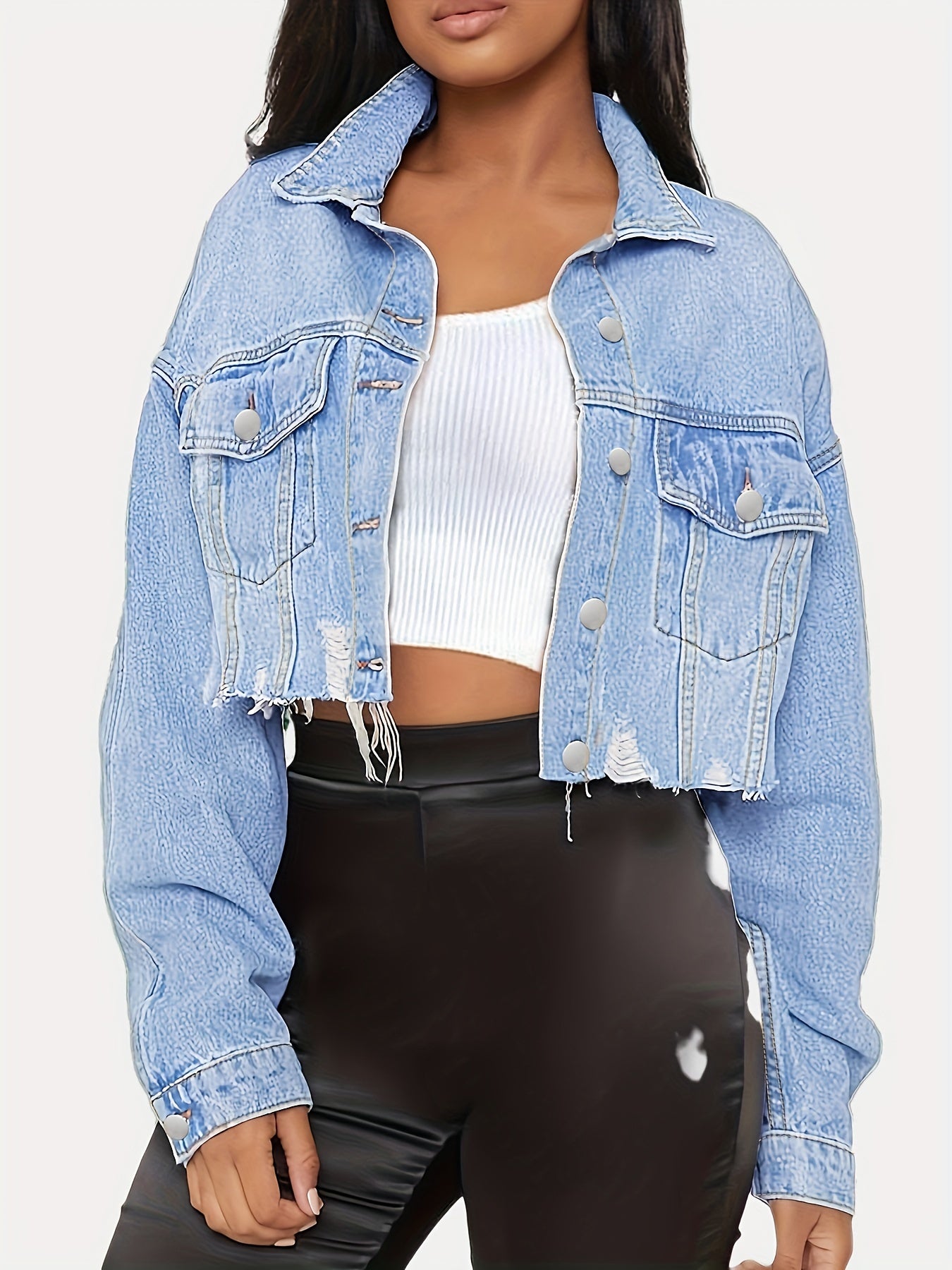 vlovelaw  Blue Raw Hem Denim Jackets, Distressed Ripped Holes Flap Pockets Cropped Lapel Denim Coats, Women's Denim Clothing