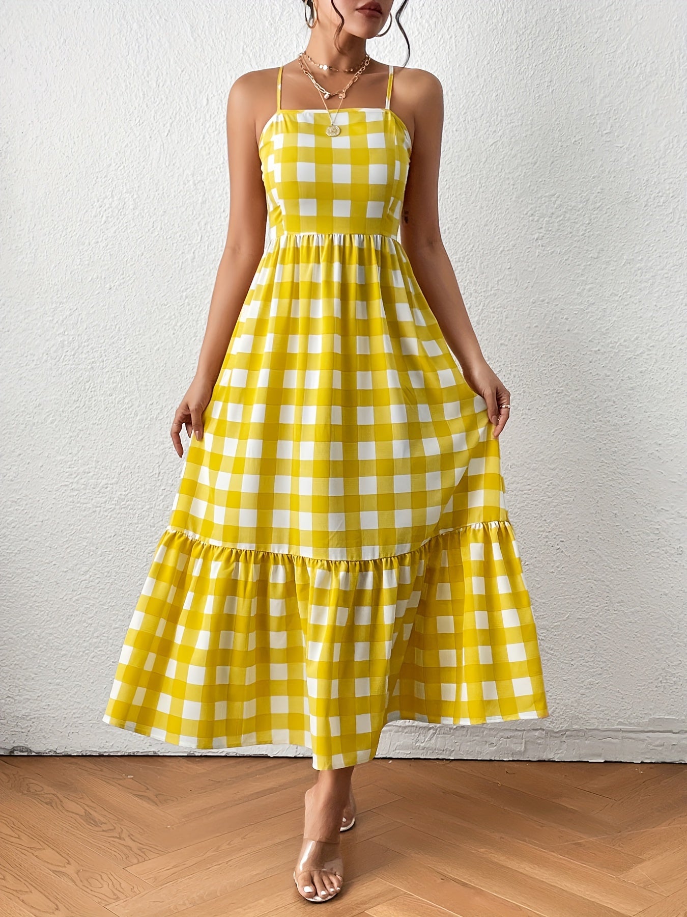 vlovelaw Gingham Print Cami Dress, High Waist Casual Dress For Summer & Spring, Women's Clothing