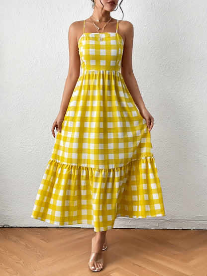 vlovelaw Gingham Print Cami Dress, High Waist Casual Dress For Summer & Spring, Women's Clothing