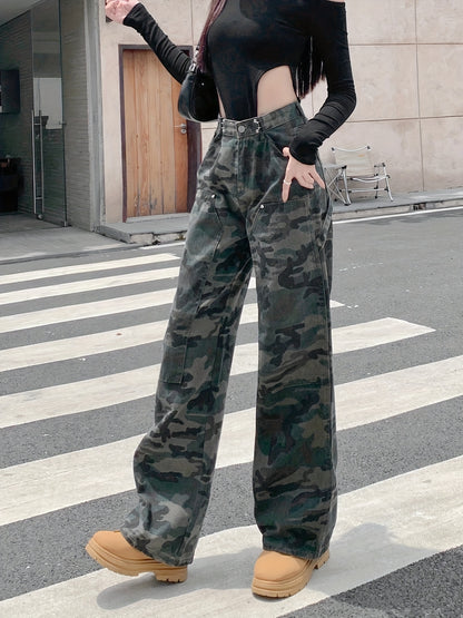 vlovelaw  Camouflage Buckle Waist Adjustable Cargo Jeans, High Rise Loose Casual Denim Pants, Women's Denim Jeans & Clothing