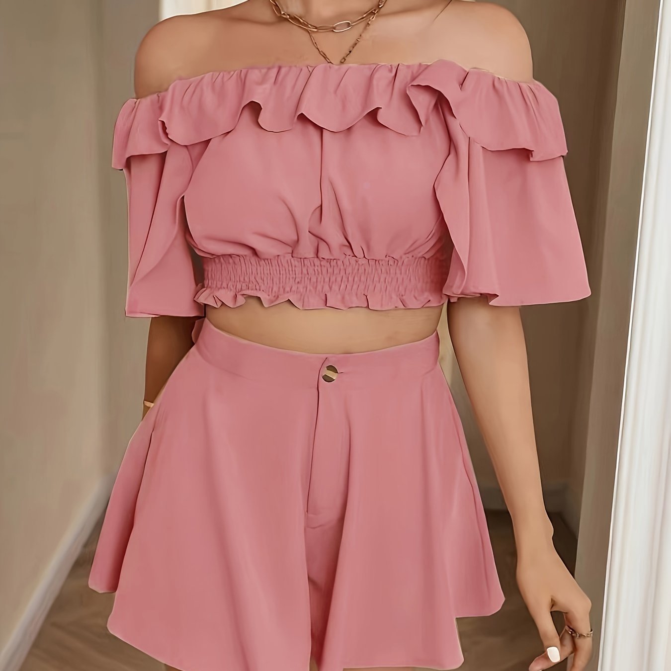 vlovelaw  Solid Color Two-piece Set, Casual Off-shoulder Ruffle Trim Crop Top & Loose Flare Shorts Outfits, Women's Clothing