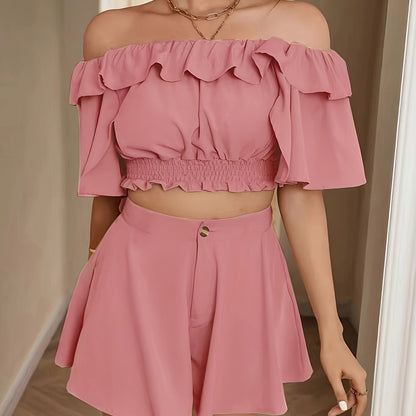 vlovelaw  Solid Color Two-piece Set, Casual Off-shoulder Ruffle Trim Crop Top & Loose Flare Shorts Outfits, Women's Clothing