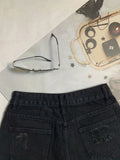 Black Raw Hem Denim Shorts, Distressed Slash Pockets Ripped Non-Stretch Short Denim Pants, Women's Denim Jeans & Clothing